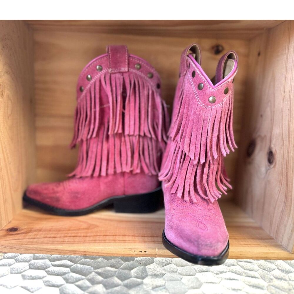 Shyanne Pink Suede Leather Fringe Studded Snip Toe Cowboy Boots Size Youth 8.5 D